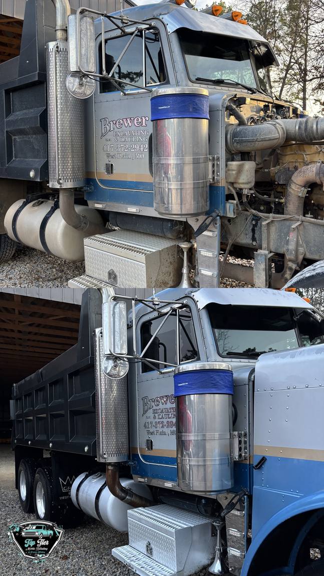 Two stacked photos of the same dump truck cab, dull and road-grimed above, gleaming after a wash below