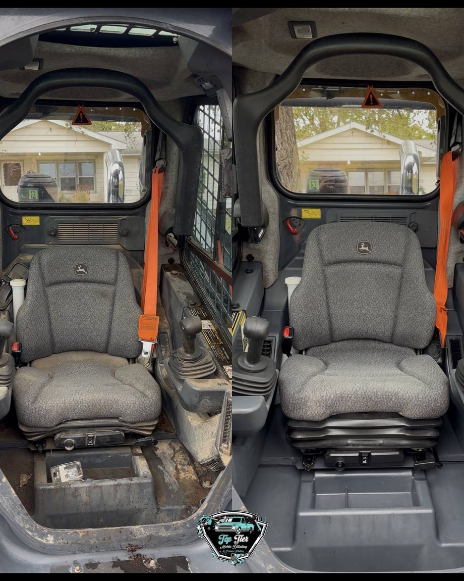 Two photos of a skid steer cab and seat, mud-caked in one and spotless in the other